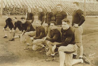 The Ironmen, 1933. The Oregon State College football team earned national recognition as the "Ironmen" after playing University of Southern California to a 0-0 tie without making any substitutions. Schwammel is seen kneeling, second from the left