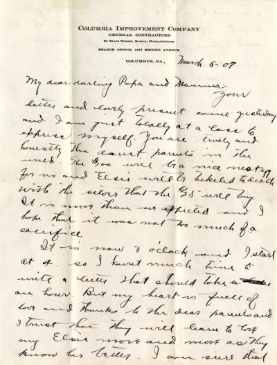 Letter from Edgar Raymond Shepard to his parents, March 1907.