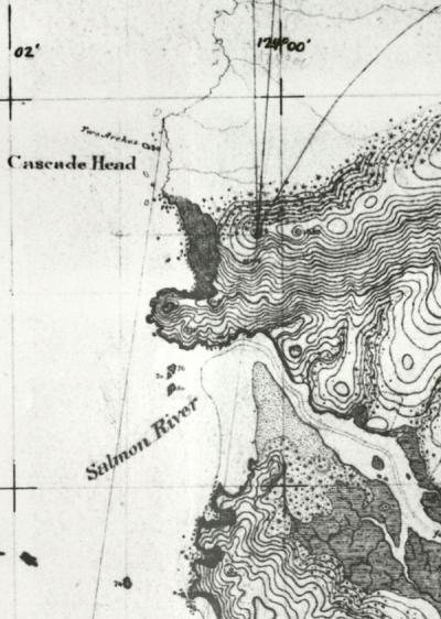 Segment of a topographical map of the Oregon Coast from Yaquina Head to Cascade Head. Originally drawn in 1887.