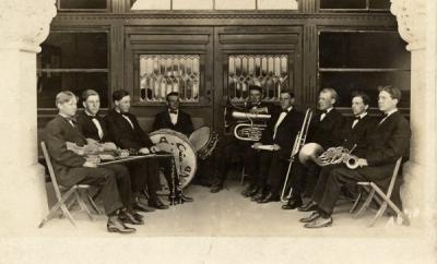 The O. A. C. Orchestra, 1909. Utzinger is seated on the left and McGinnes on the right.