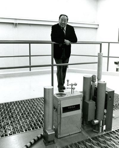 Chih H. Wang posing on top of the TRIGA nuclear reactor, 1971.