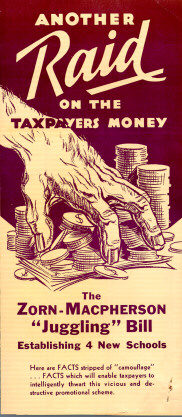 Campaign brochure in opposition to Zorn-Macpherson bill, 1932. This brochure was one of many published by proponents and opponents of this bill. The campaign was the largest and most expensive in Oregon educational history up to that time.