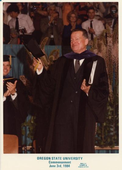 Robert W. MacVicar at his last commencement as President of Oregon State University, June 1984. MacVicar was president of Oregon State University from 1970-1986. MacVicar was also a professor of chemistry and tripled the size of the university's budget. During his years as president, the size of the campus increased by twenty-three additional buildings.