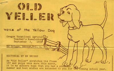 Masthead from the September 3, 1959 issue of "Old Yeller," the Oregon Vocational Agriculture Teacher's Newsletter.