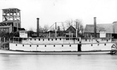 Paddlewheelers on the Willamette River at Corvallis wharves. On left is the Three Sisters and on right the Wm. M. Hoag, 1900.