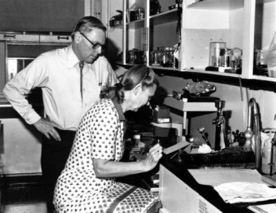 David and Clara Shoemaker working in an x-ray laboratory at Oregon State University, 1983.