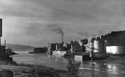 Paper mill on the Willamette River, Oregon City, Oregon, ca 1950s.
