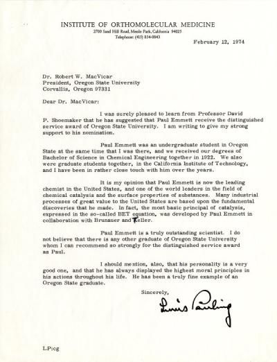 Letter from Linus Pauling to OSU President Robert MacVicar concerning the nomination of Paul Emmett for OSU's Distinguished Service Award, February 1974.