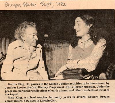 OAC alumnus Bertha King in conversation with Jennifer Lee, Horner Museum oral historian. September 1982.