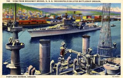 Postcard depicting the view of the U. S. S. Indianapolis saluting Battleship Oregon, Portland Harbor, Oregon.