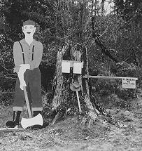 Paul Bunyan facsimile displayed in the woods during School Forest Conservation Tours, ca. 1960.