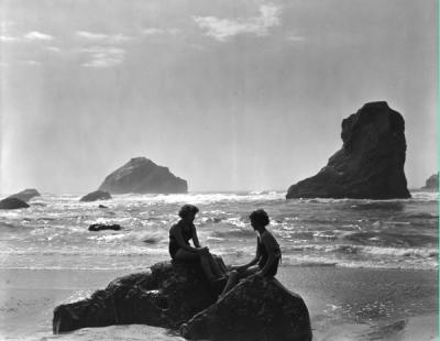 Two women at Bandon Beach on the Oregon coast, ca 1940s.