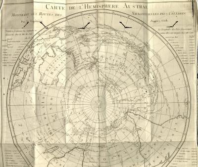 Carte de l'hemisphere Austral: Montrant les routes des navigateurs les plus celebres par la capitaine Jacques Cook (Pl. 2), 1778