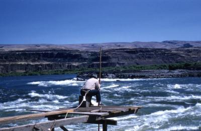 Man fishing on platform above Celilo Falls on the Columbia River, 1956