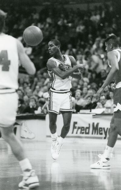 A no-look pass from Gary Payton at the Far West Classic, ca. 1989.