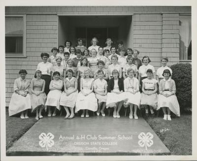4-H Summer School students and counselors in front of Winston House, 1957.  Stekel is pictured as the first person in the second row  (L-R).