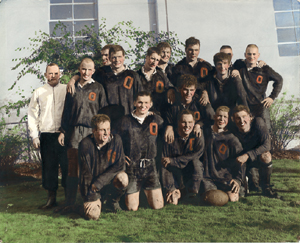 Hand-colored team portrait of the OSU Rugby Club, 1964-1965.