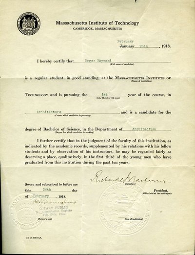 Certification of Roger Hayward as a degree candidate by the President of the Massachusetts Institute of Technology.