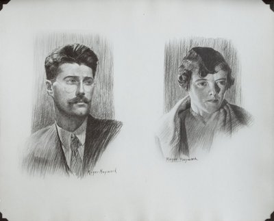 Self-portrait, in pencil, of Roger Hayward and portrait of Betty Hayward.