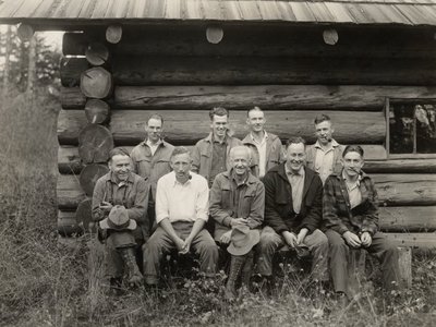 Black and white photograph of George Wilcox Peavy with forestry graduate students.