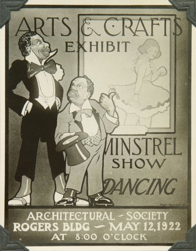Black and white photograph of an illustration advertising &quot;Arts &amp; Crafts Exhibit, Minstrel Show, Dancing.&quot;
