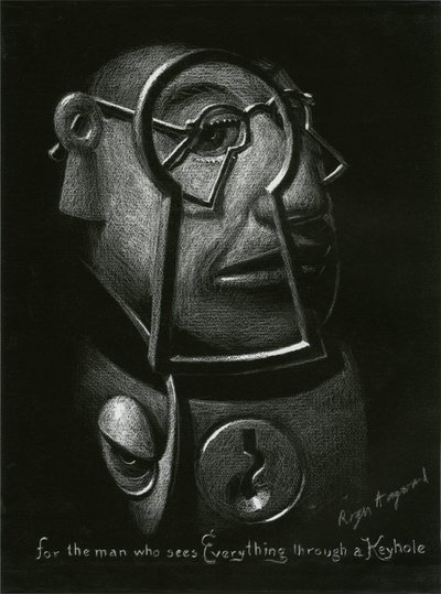 Reproduced pastel drawing of a man wearing keyhole glasses.