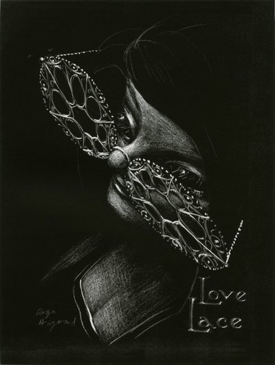 Reproduced pastel drawing of a woman wearing &quot;Love Lace&quot; glasses.